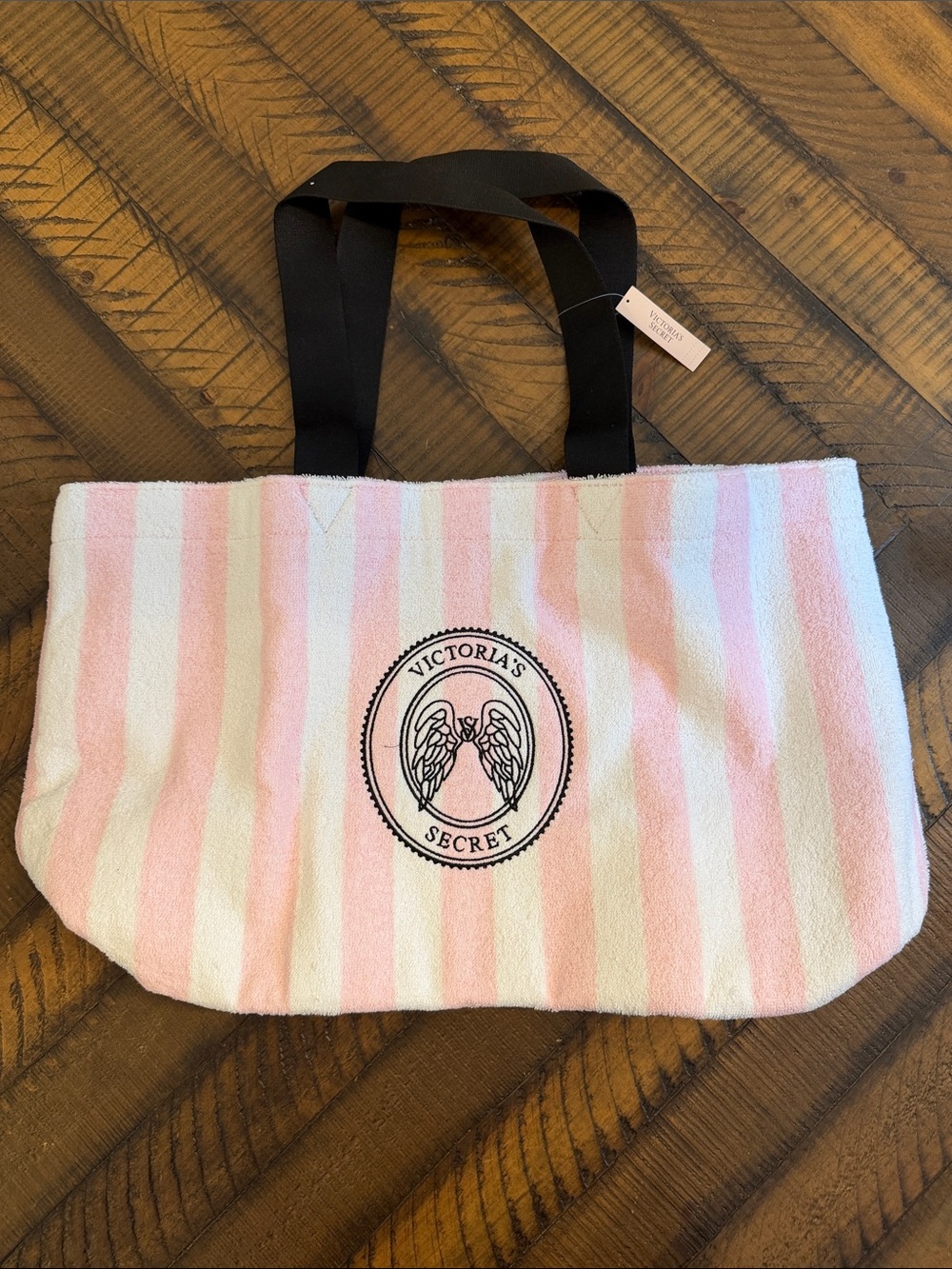NWT Victoria's Secret Pink & White Striped Terry Tote with Black Handles